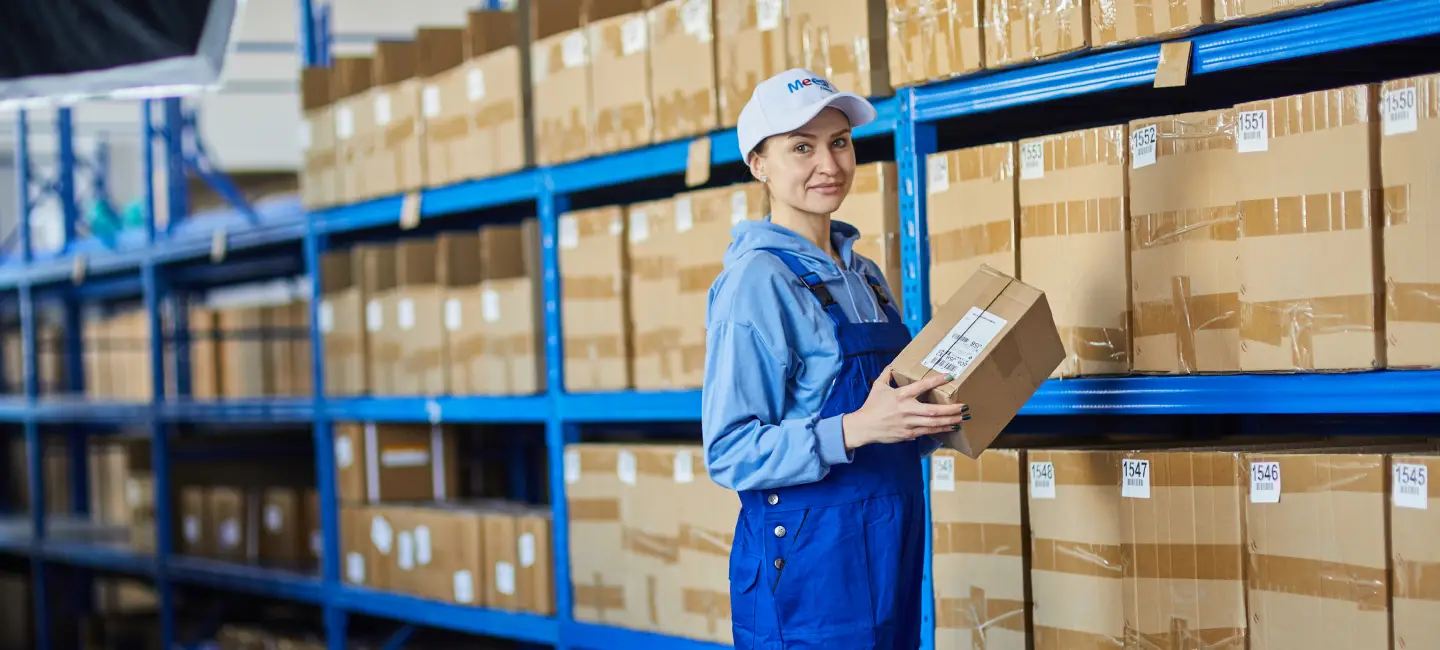 A woman holding a box in a warehouse, ready to organize and transport goods efficiently.